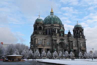 The imposing cathedral in a snowy landscape.